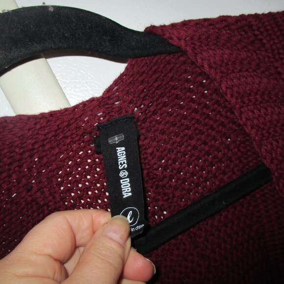 Agnes & Dora Womens wine burgandy long Boyfriend Cardigan Cable Knit L cotton - Picture 2 of 2